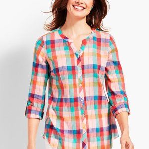 TALBOTS Soft Crinkle Gauze Sunkissed Check Shirt Top Womens XL Colorful
